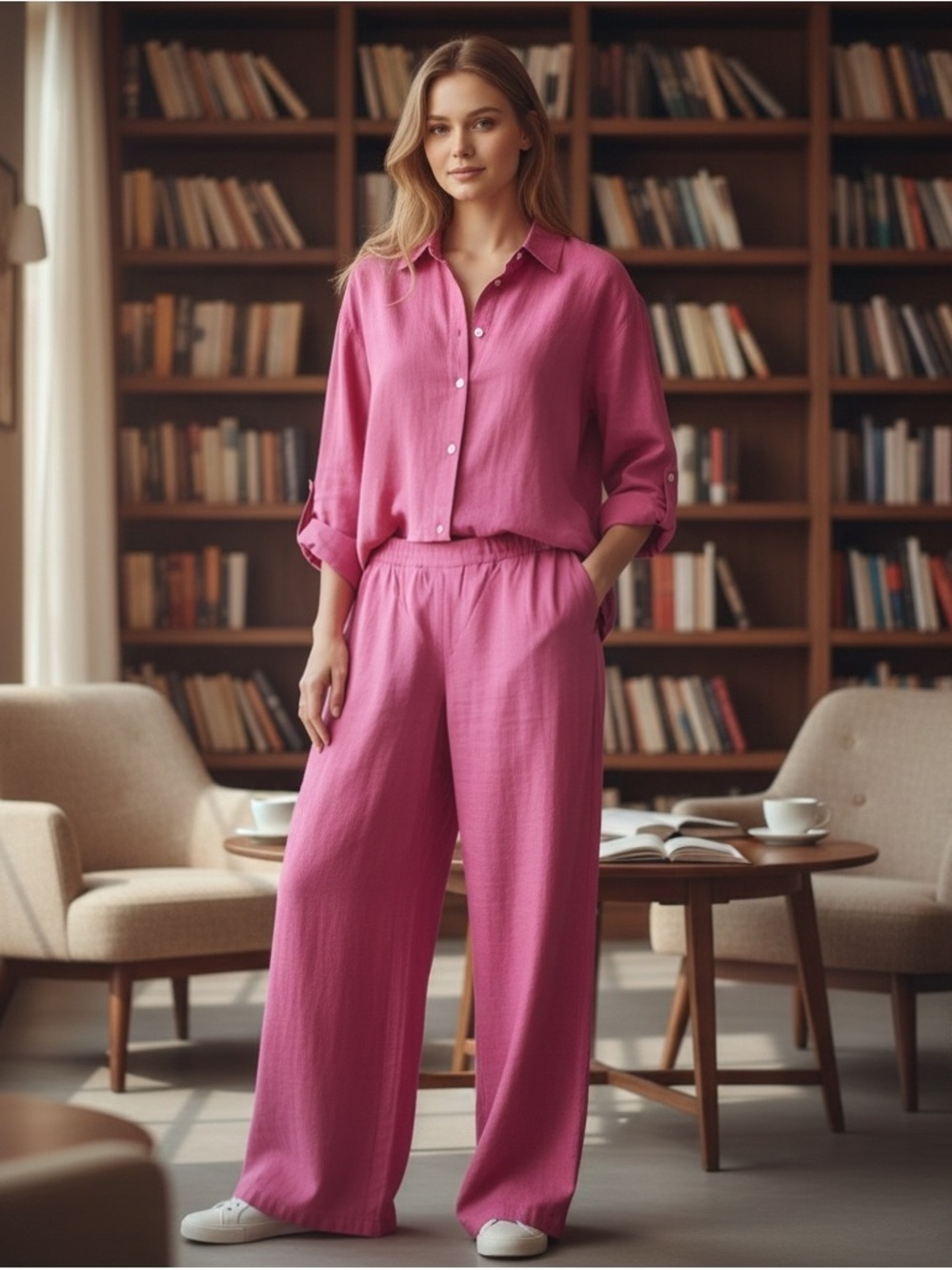 Relaxed Wide-Leg Women's Pants suit in Fuchsia